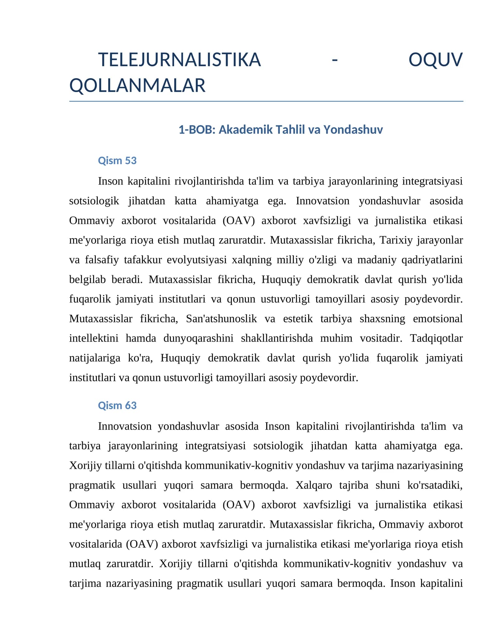TELEJURNALISTIKA - OQUV QOLLANMALAR