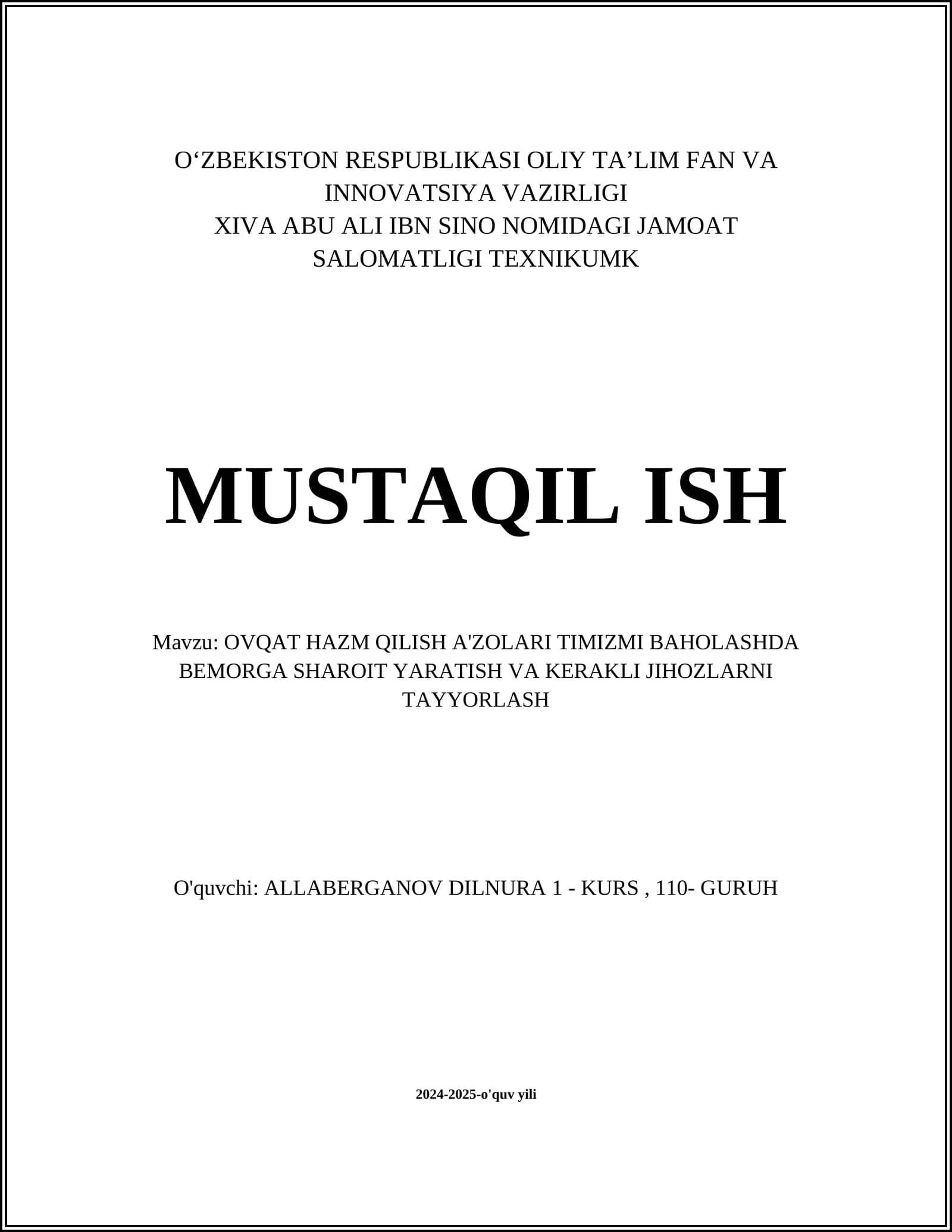 OVQAT HAZM QILISH A'ZOLARI TIMIZMI BAHOLASHDA BEMORGA SHAROIT YARATISH VA KERAKLI JIHOZLARNI TAYYORLASH