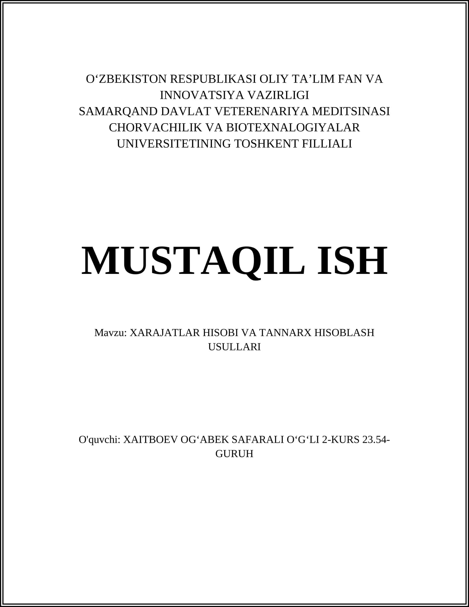 XARAJATLAR HISOBI VA TANNARX HISOBLASH USULLARI