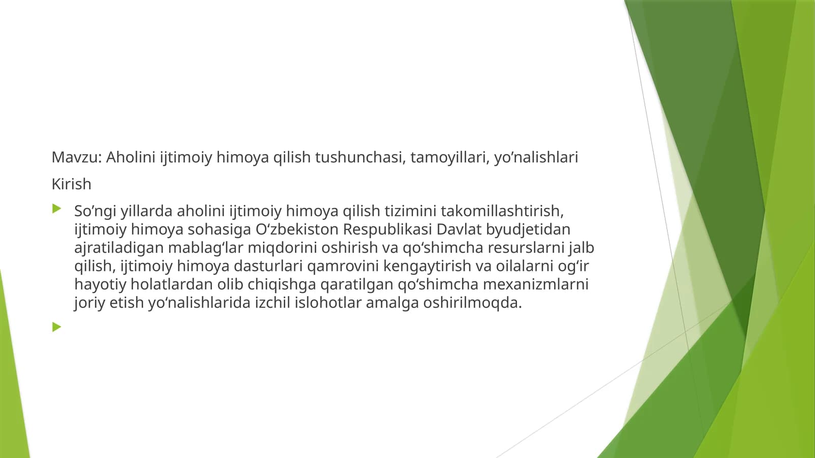 Aholini ijtimoiy himoya qilish tushunchasi, tamoyillari, yo’nalishlari