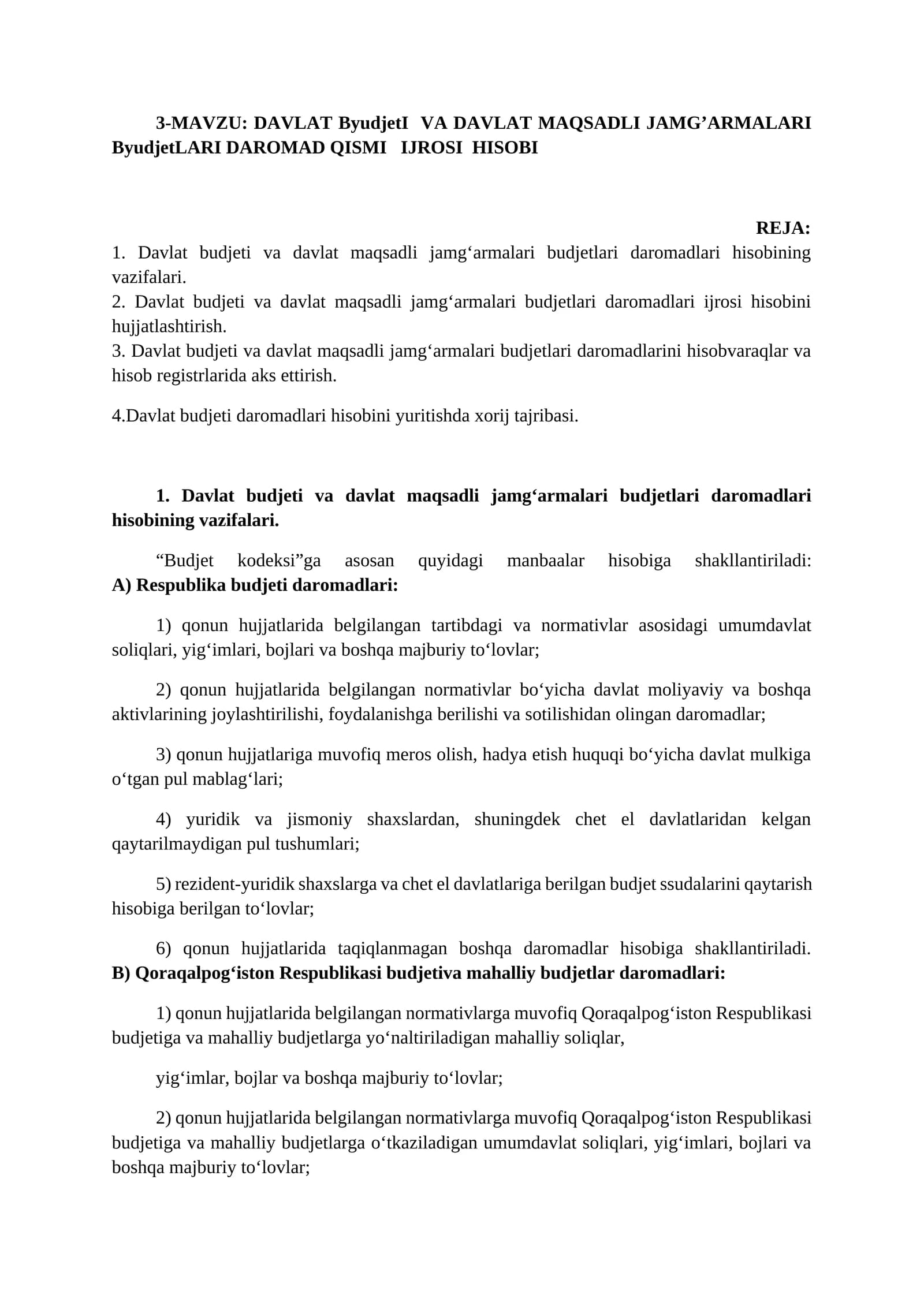 DAVLAT BYUDJETI VA DAVLAT MAQSADLI JAMG’ARMALARI ByudjetLARI DAROMAD QISMI IJROSI HISOBI