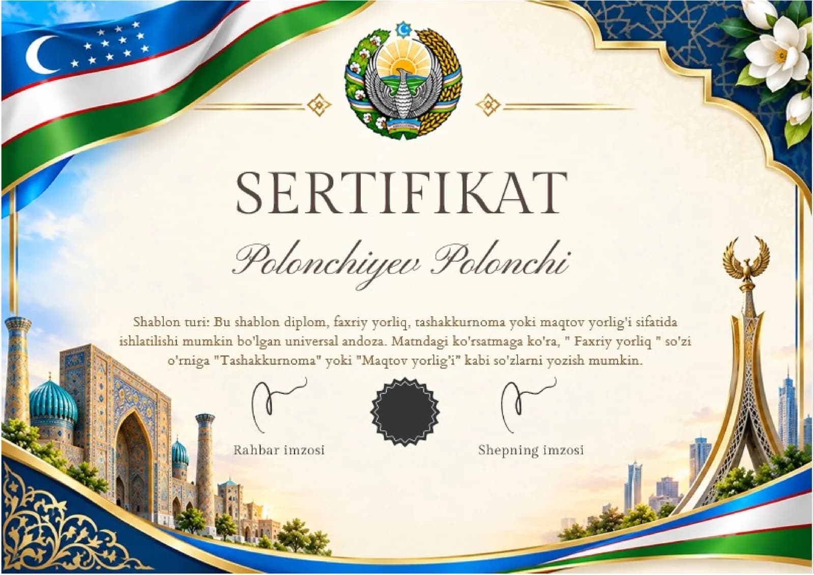 Shablon diplom, sertifikat, faxriy yorliq, tashakkurnoma yoki maqtov yorlig'i