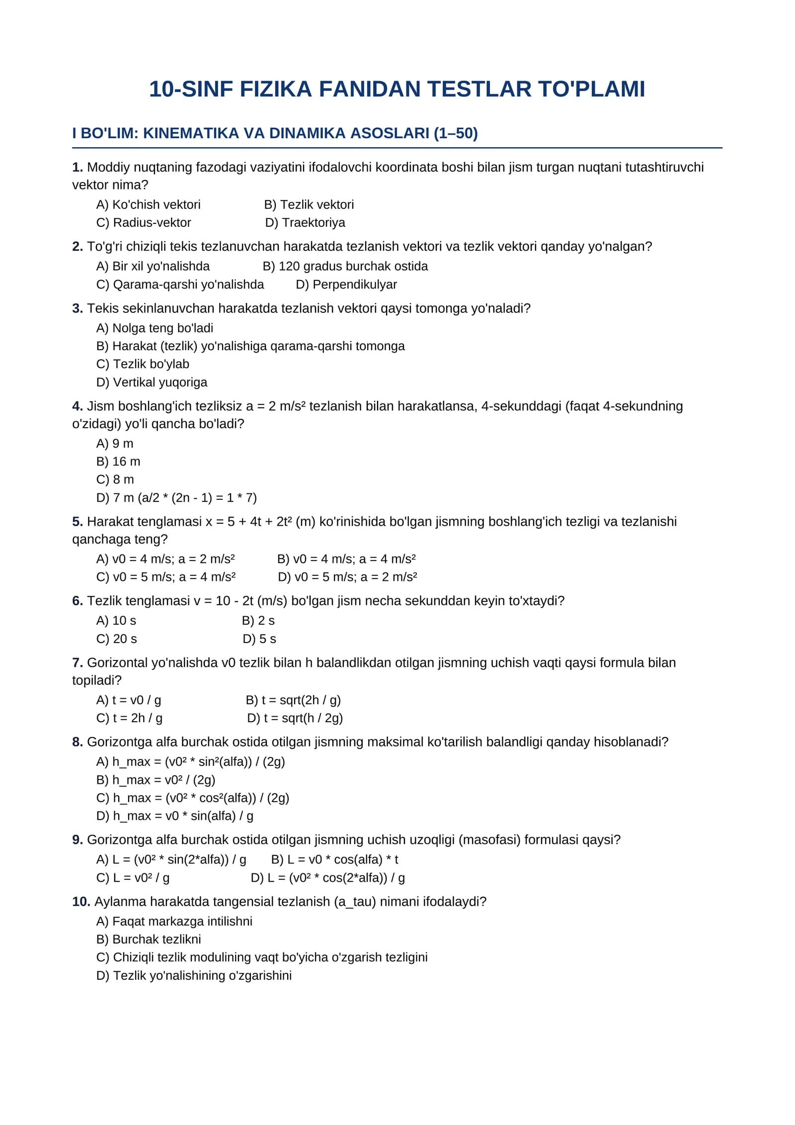 10-SINF FIZIKA FANIDAN TESTLAR TO'PLAMI