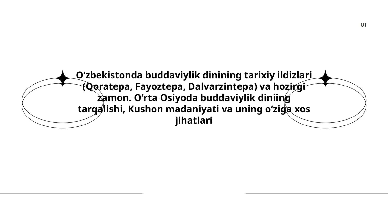 Oʻzbekistonda buddaviylik dinining tarixiy ildizlari (Qoratepa, Fayoztepa, Dalvarzintepa) va hozirgi zamon. Oʻrta Osiyoda buddaviylik diniing tarqalishi, Kushon madaniyati va uning oʻziga xos jihatlari