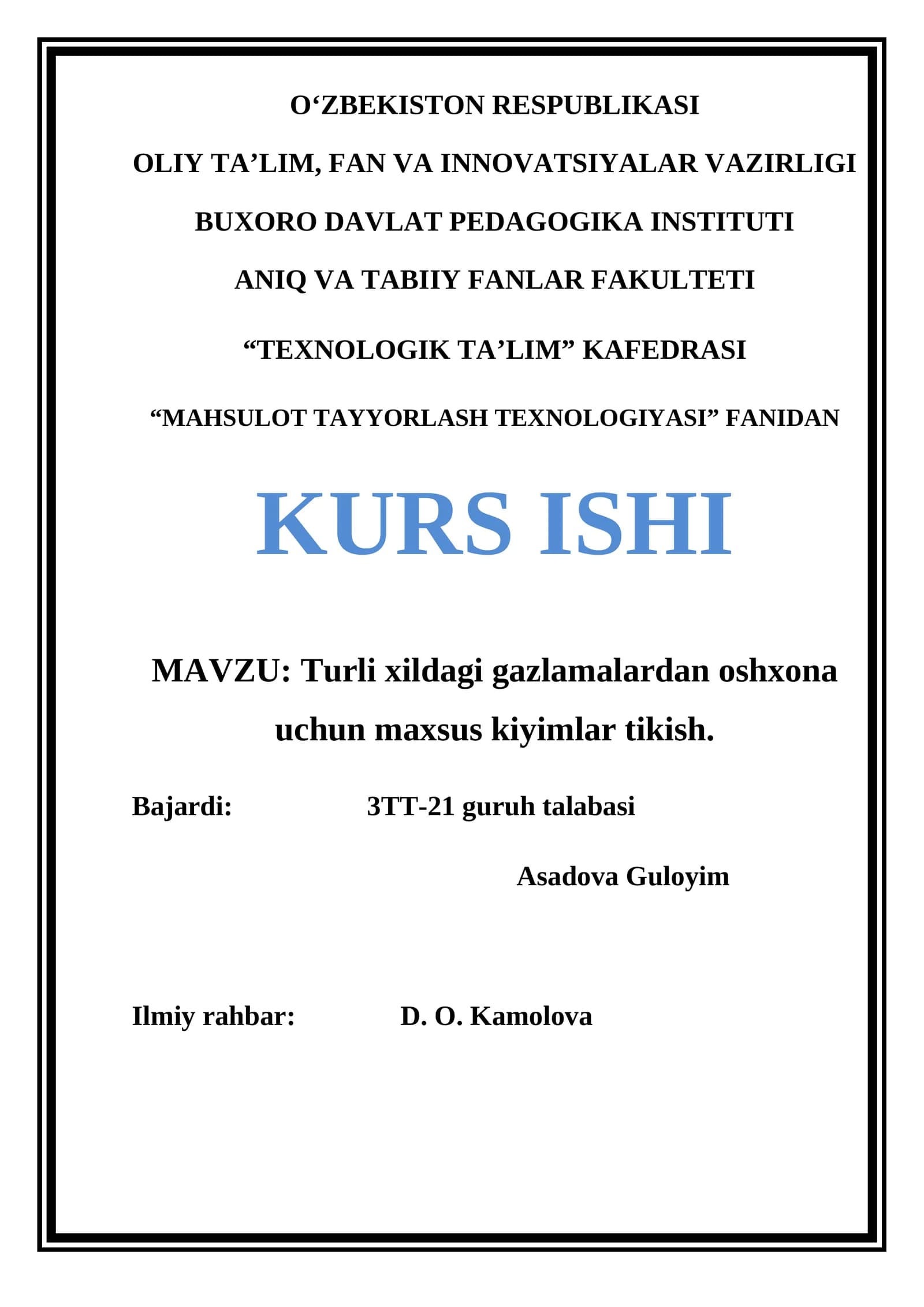 "Turli xildagi gazlamalardan oshxona uchun maxsus kiyimlar tikish"