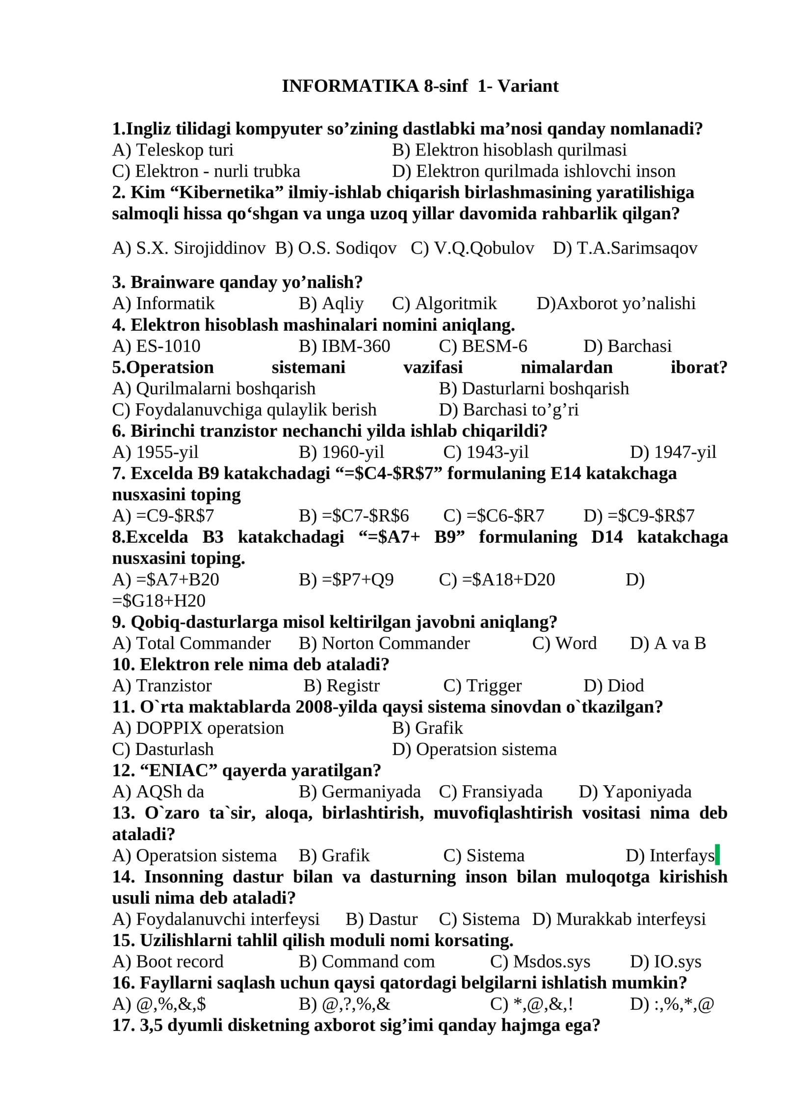 INFORMATIKA 8-sinf 1- Variant