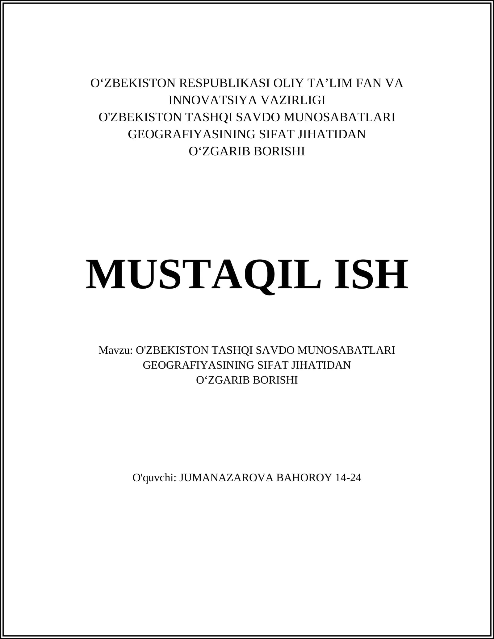 O'zbekiston Tashqi Savdo Munosabatlari Geografiyasi