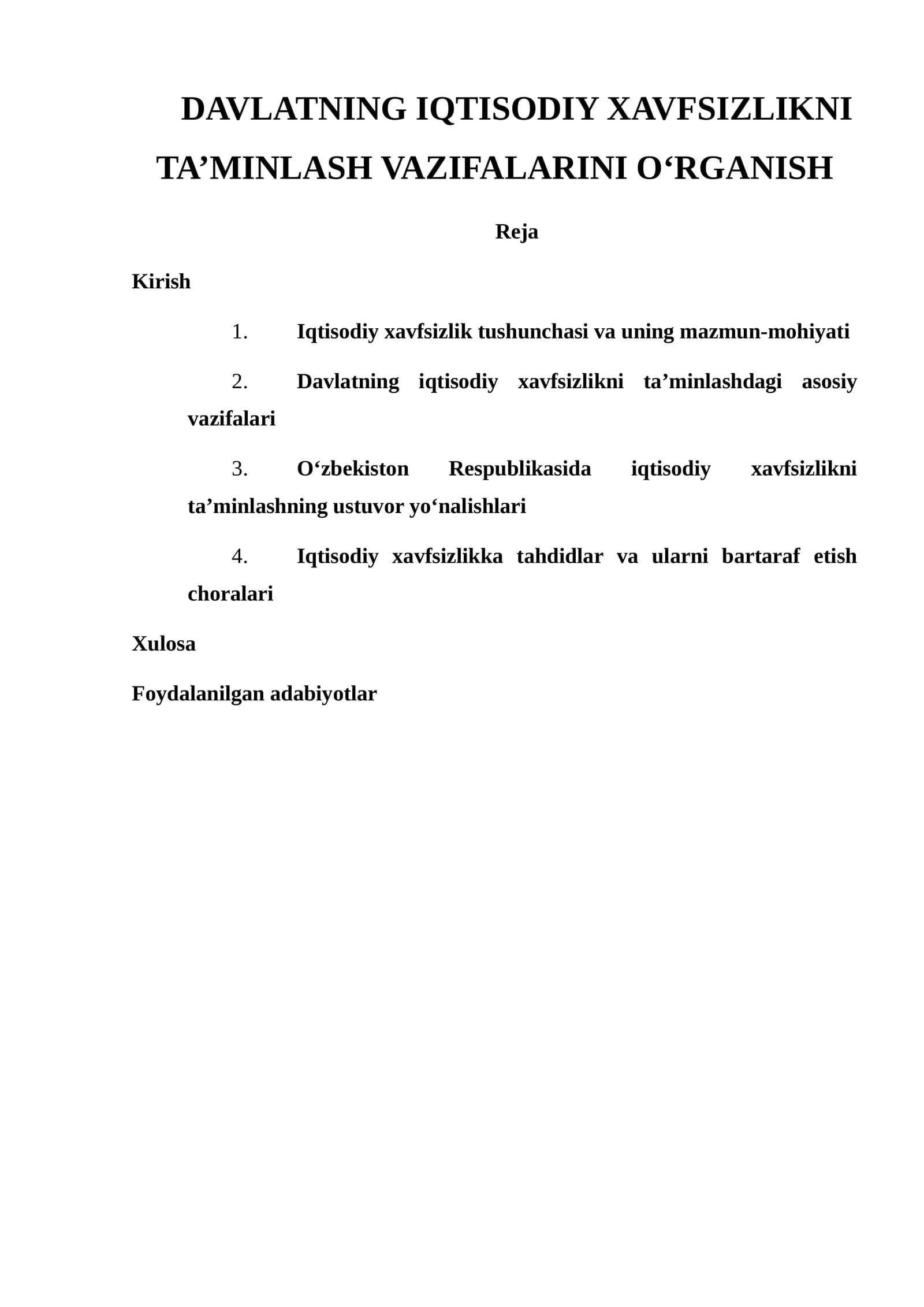 DAVLATNING IQTISODIY XAVFSIZLIKNI TA’MINLASH VAZIFALARINI O‘RGANISH