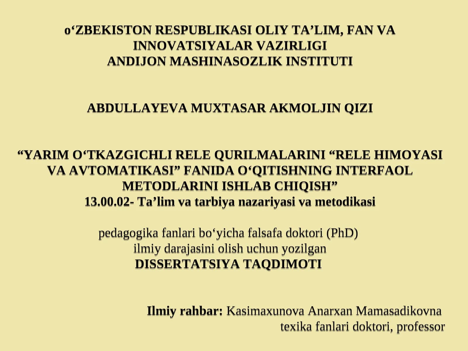 “YARIMO‘TKAZGICHLI RELE QURILMALARINI “RELE HIMOYASI VA AVTOMATIKASI” FANIDAO‘QITISHNING INTERFAOL METODLARINI ISHLAB CHIQISH”