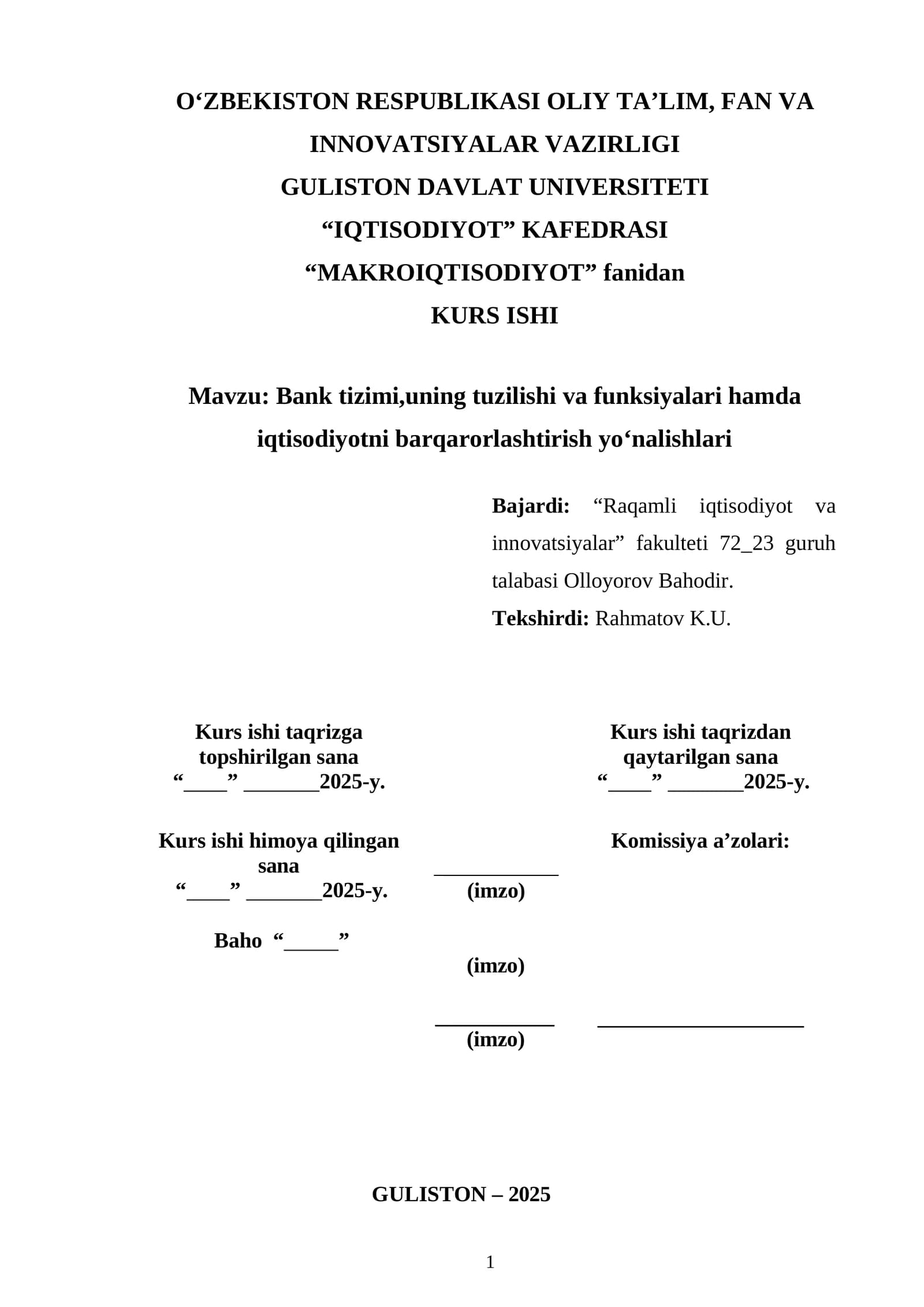 Bank tizimi,uning tuzilishi va funksiyalari hamda iqtisodiyotni barqarorlashtirish yo‘nalishlari