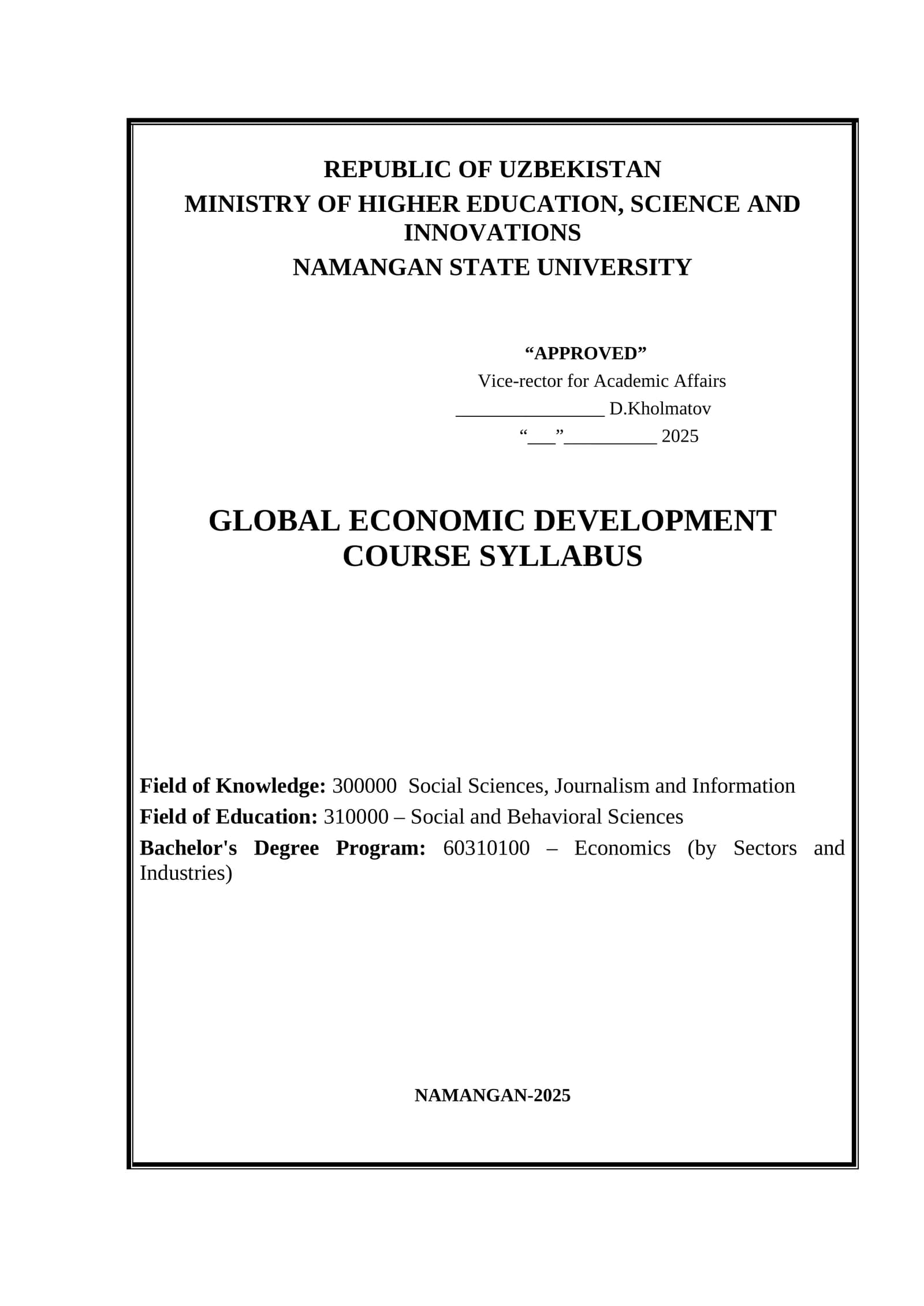 Global Economic Development Course Syllabus