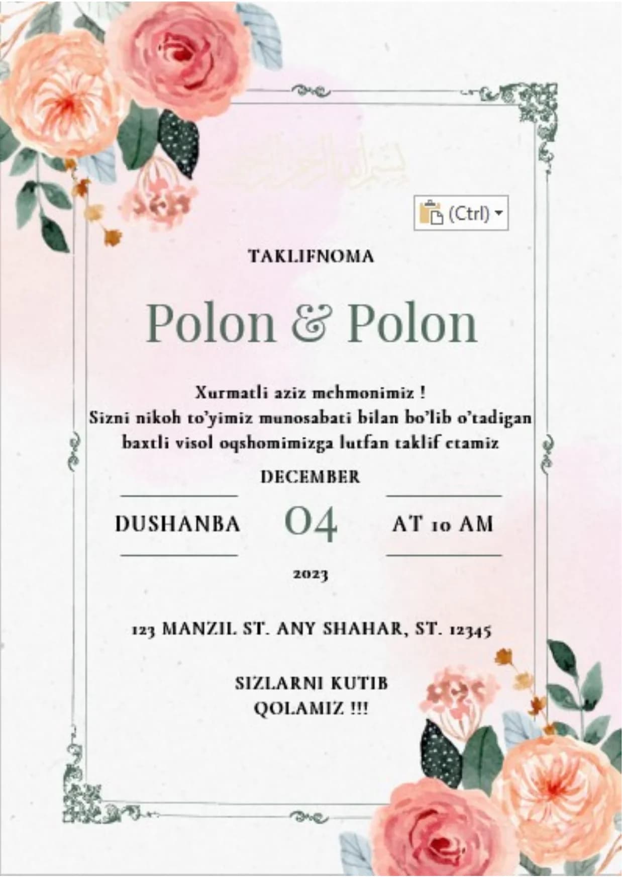 TAKLIFNOMA - To‘y hat, tug‘ilgan kun, yubiley, bayram, tadbir va boshqa quvonchli kunlaringiz uchun tayyor, chiroyli va zamonaviy tahrirlanadigan taklifnoma