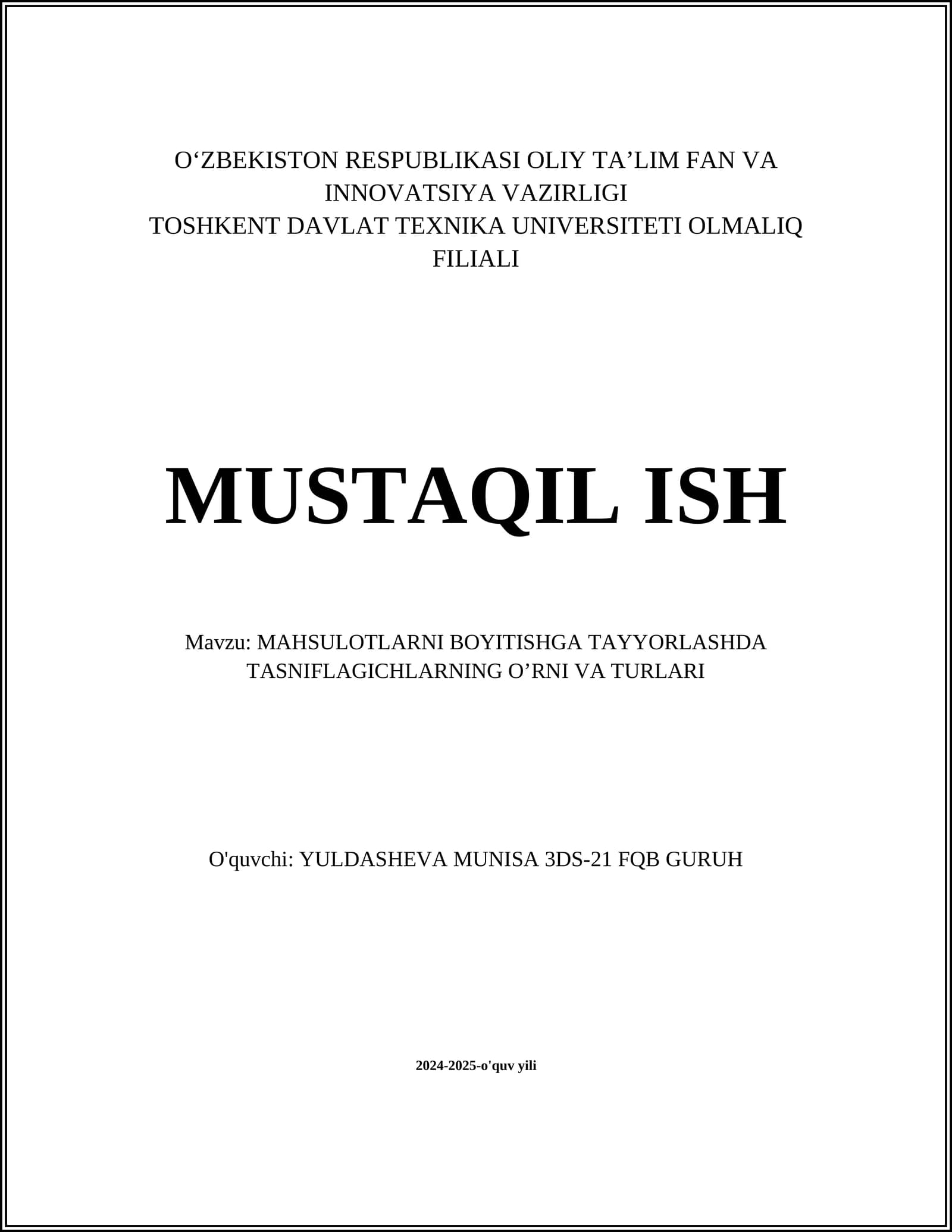 MAHSULOTLARNI BOYITISHGA TAYYORLASHDA TASNIFLAGICHLARNING O’RNI VA TURLARI