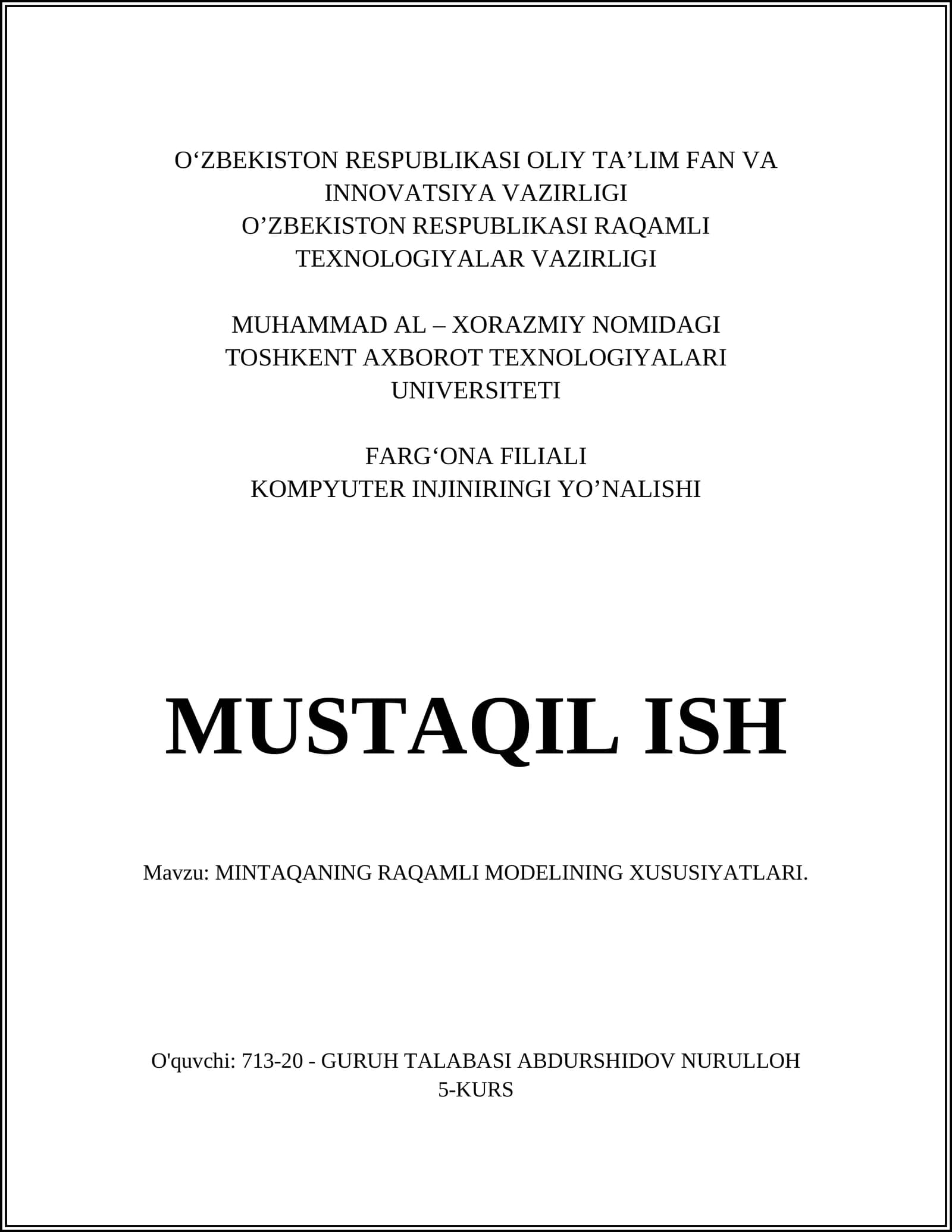 MINTAQANING RAQAMLI MODELINING XUSUSIYATLARI