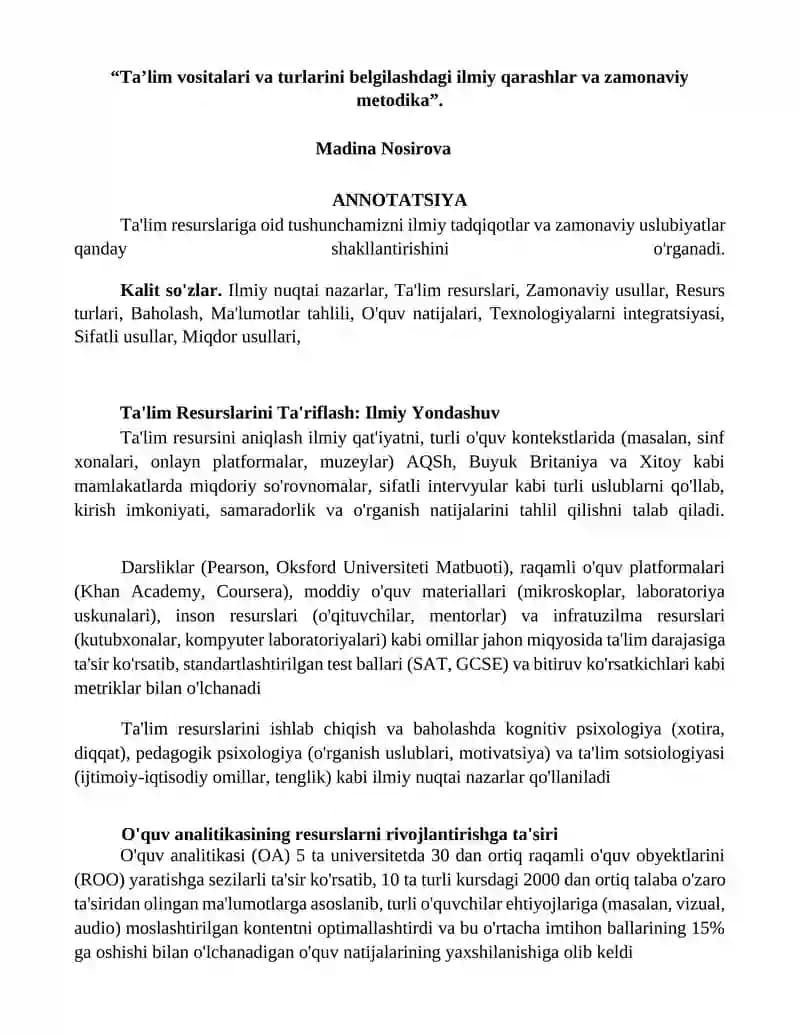 Ta'lim Resurslarini Ta'riflash: Ilmiy Yondashuv