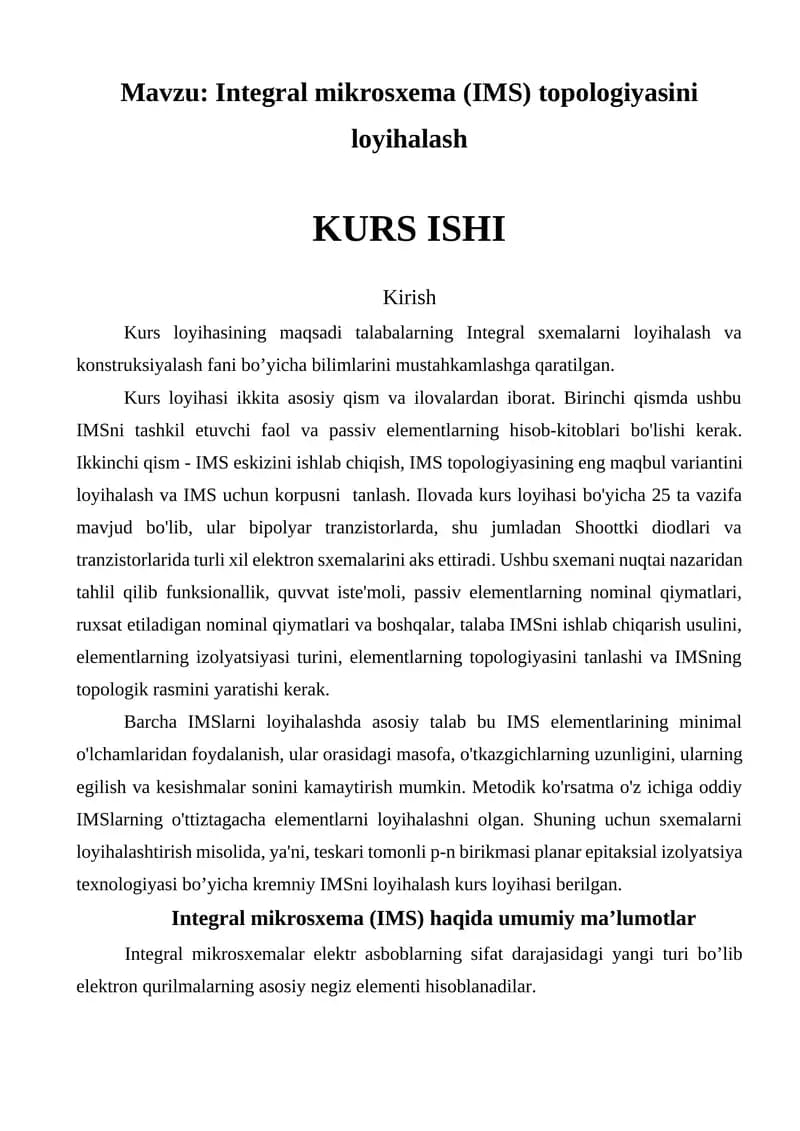 Integral mikrosxema (IMS) topologiyasini loyihalash