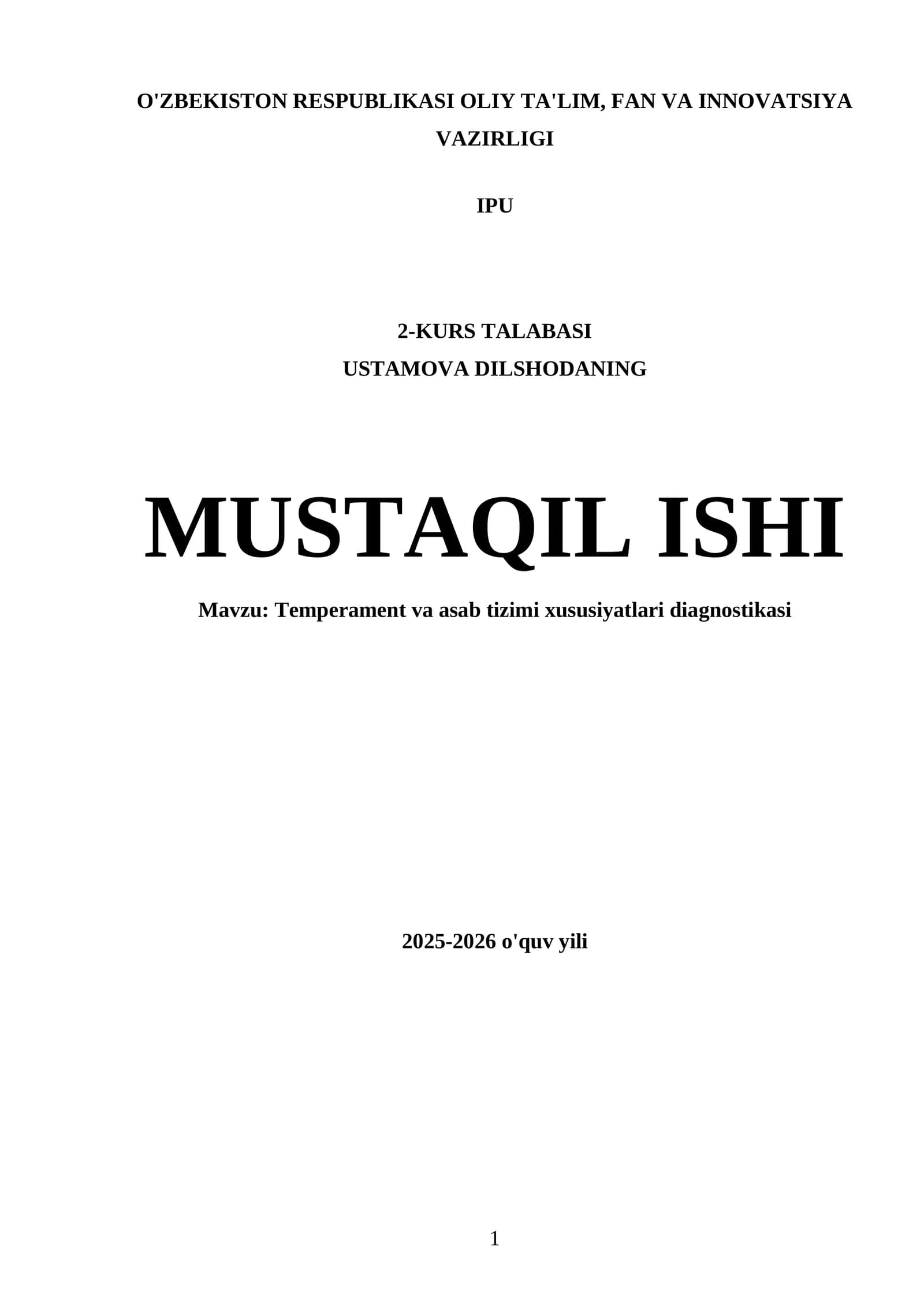 Tеmpеramеnt va asab tizimi xususiyatlari diagnostikasi