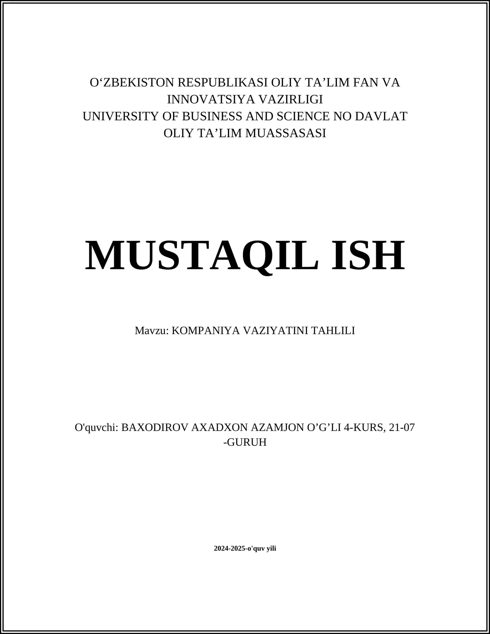 KOMPANIYA VAZIYATINI TAHLILI