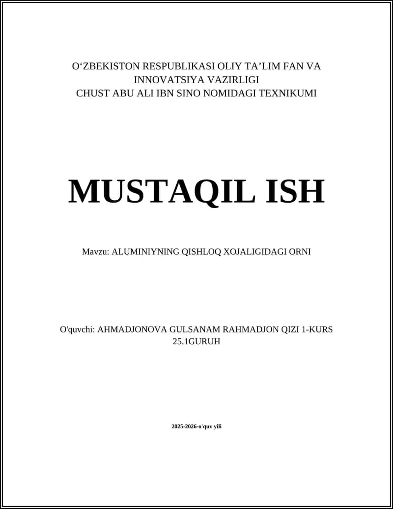 ALUMINIYNING QISHLOQ XOJALIGIDAGI ORNI