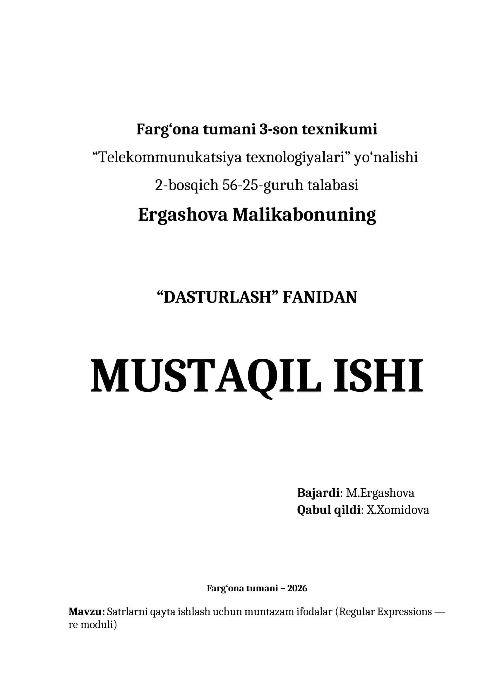 Satrlarni qayta ishlash uchun muntazam ifodalar (Regular Expressions — re moduli)
