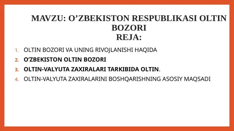 O'zbekiston Respublikasi Oltin Bozori Rejasi