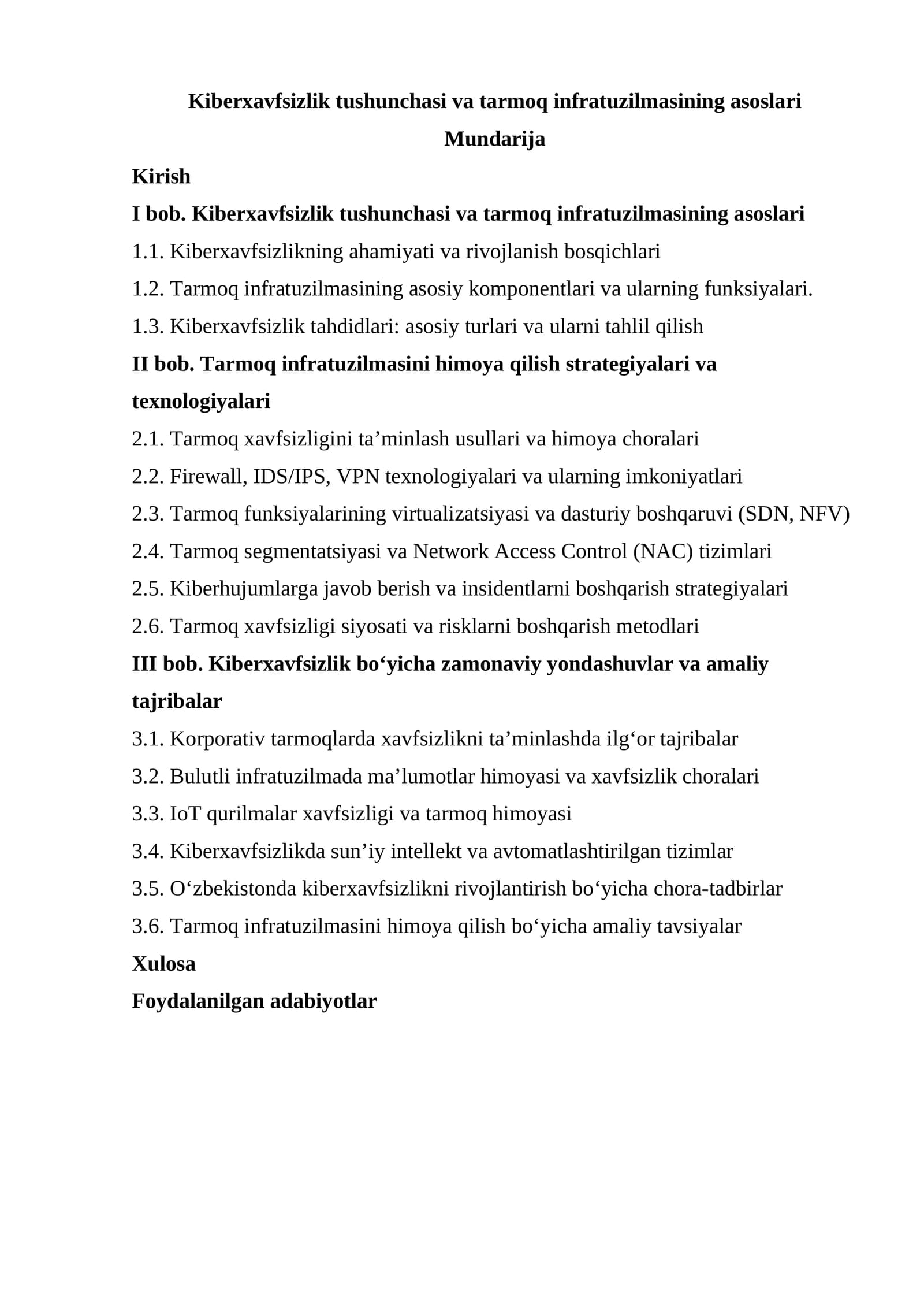 Kiberxavfsizlik tushunchasi va tarmoq infratuzilmasining asoslari