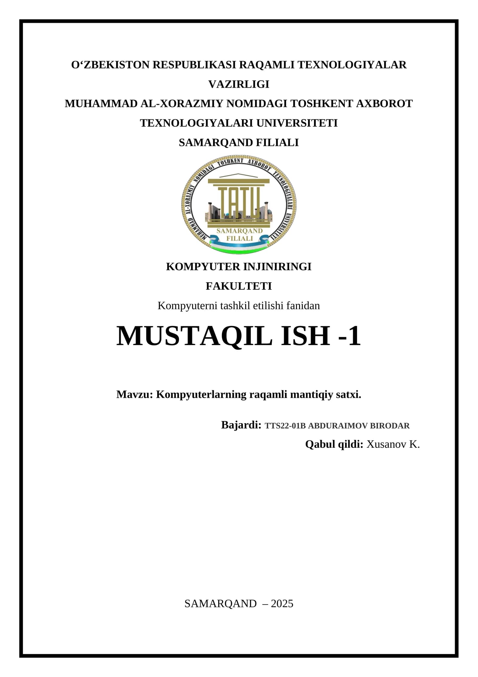 Kompyuterlarning raqamli mantiqiy satxi