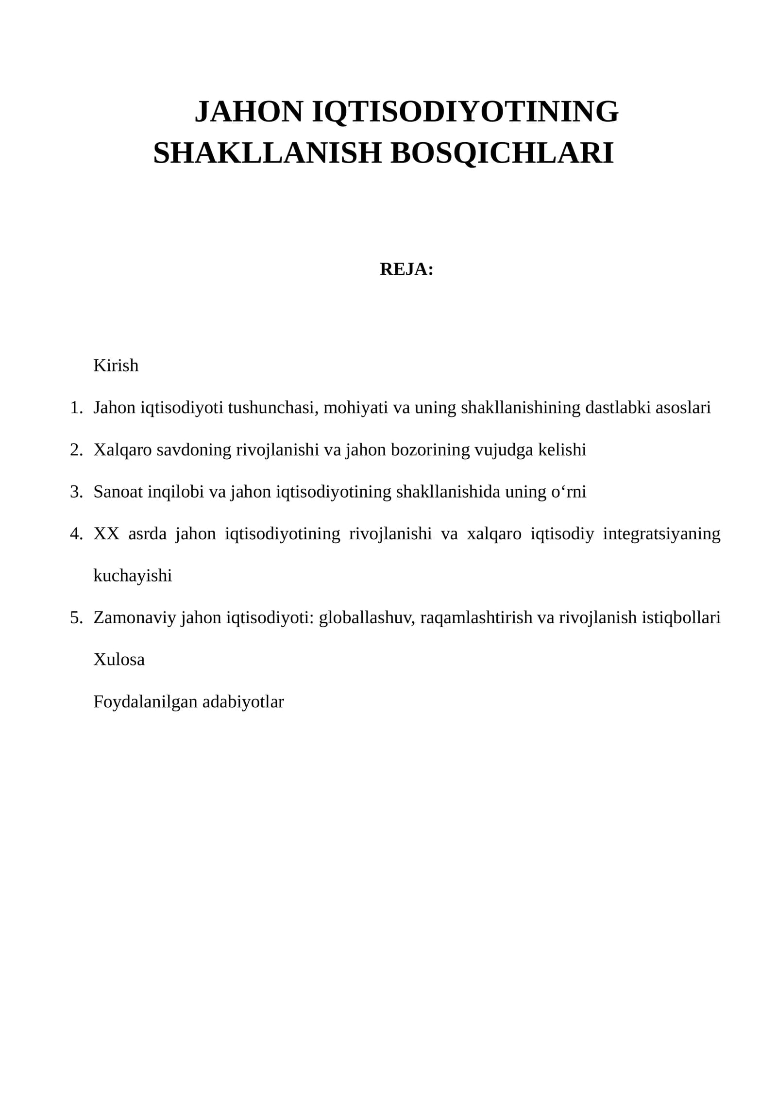 JAHON IQTISODIYOTINING SHAKLLANISH BOSQICHLARI
