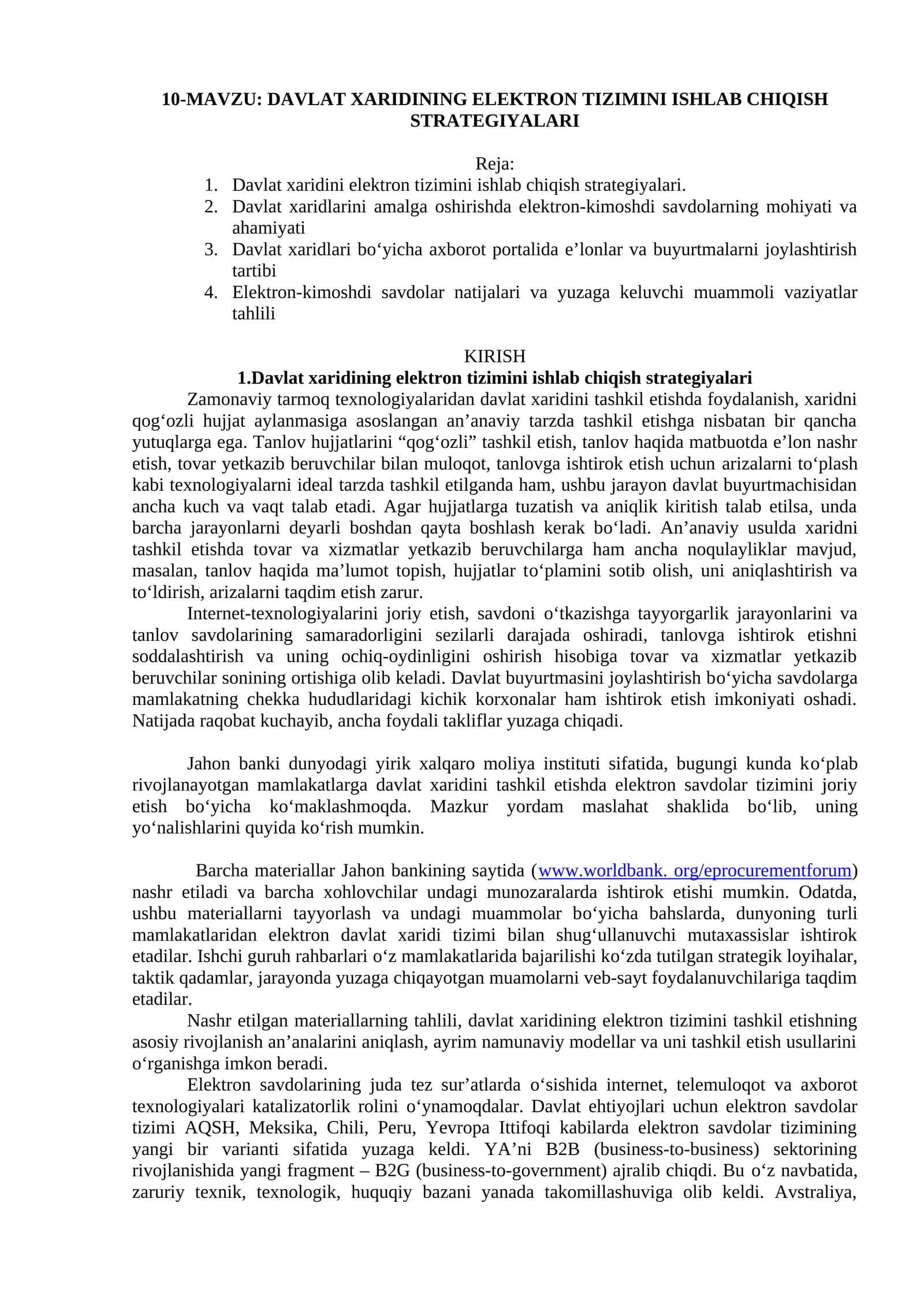 DAVLAT XARIDINING ELEKTRON TIZIMINI ISHLAB CHIQISH STRATEGIYALARI