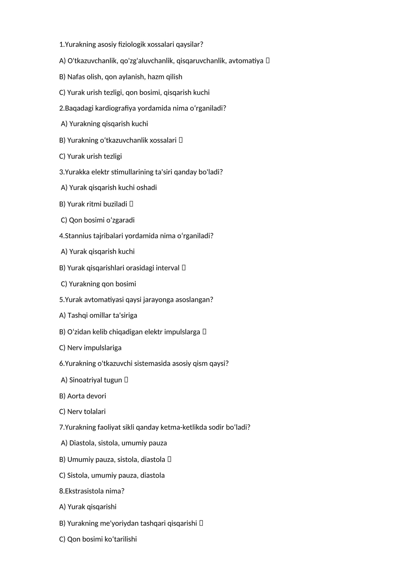 Yurak fiziologiyasi test savollari