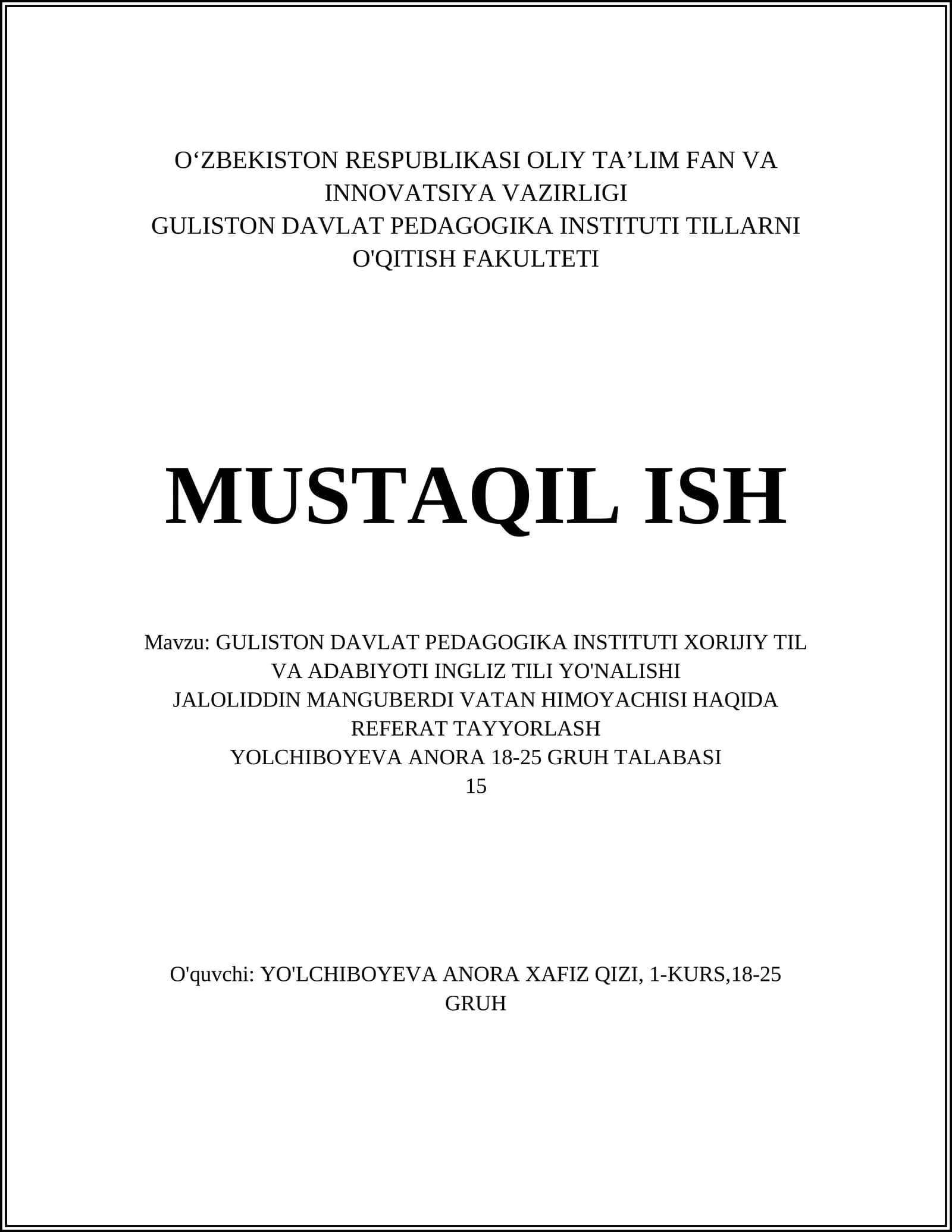 Jaloliddin Manguberdi Haqida Referat Tayyorlash