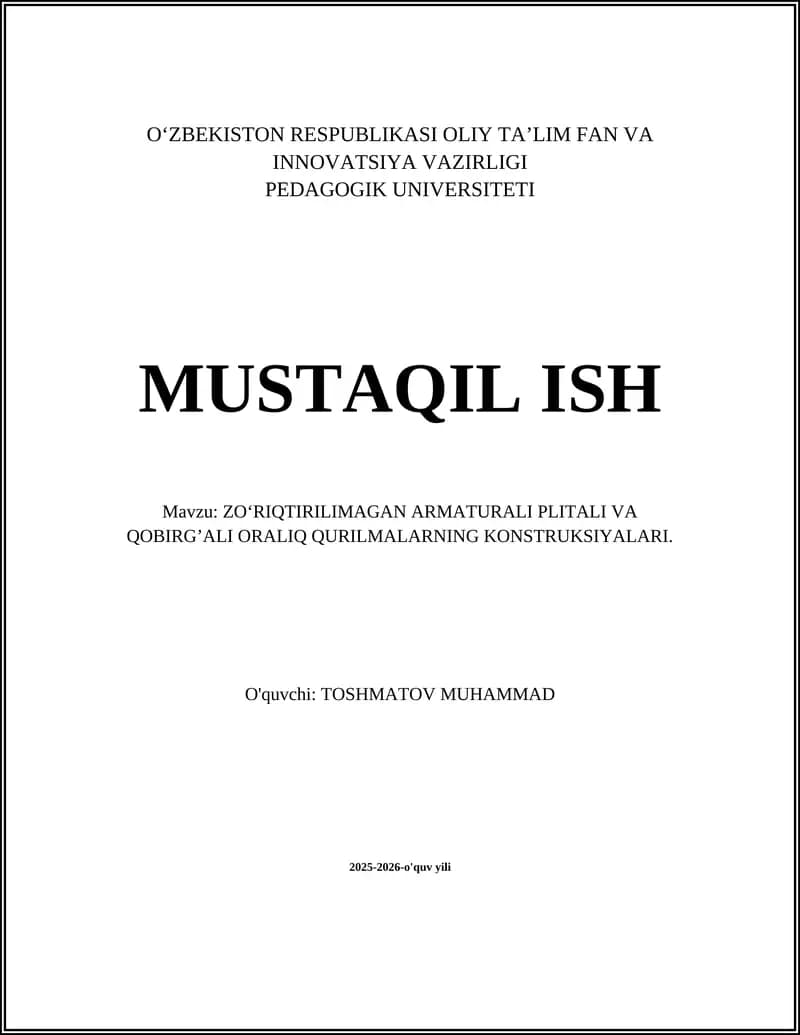Zo‘riqtirilmagan armaturali plitalarning konstruktiv tamoyillari