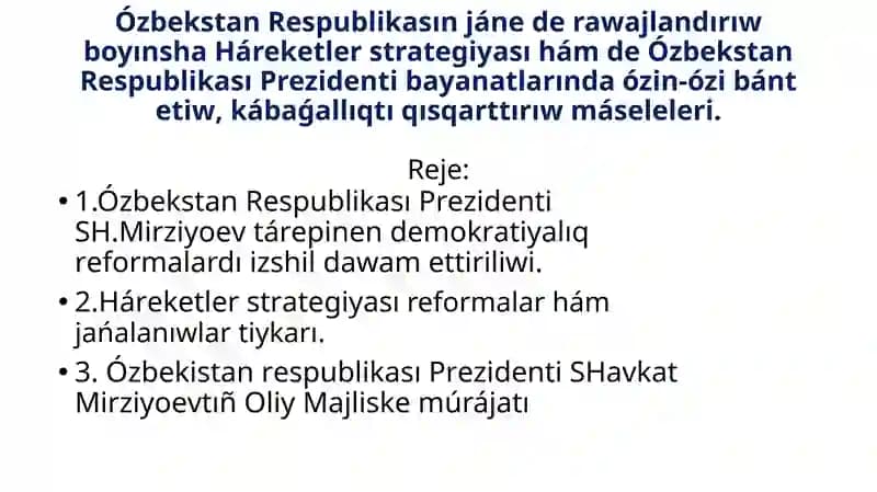 Ózbekstan Respublikasın jáne de rawajlandırıw boyınsha Háreketler strategiyası hám de Ózbekstan Respublikası Prezidenti bayanatlarında ózin-ózi bánt etiw, kábaǵallıqtı qısqarttırıw máseleleri.