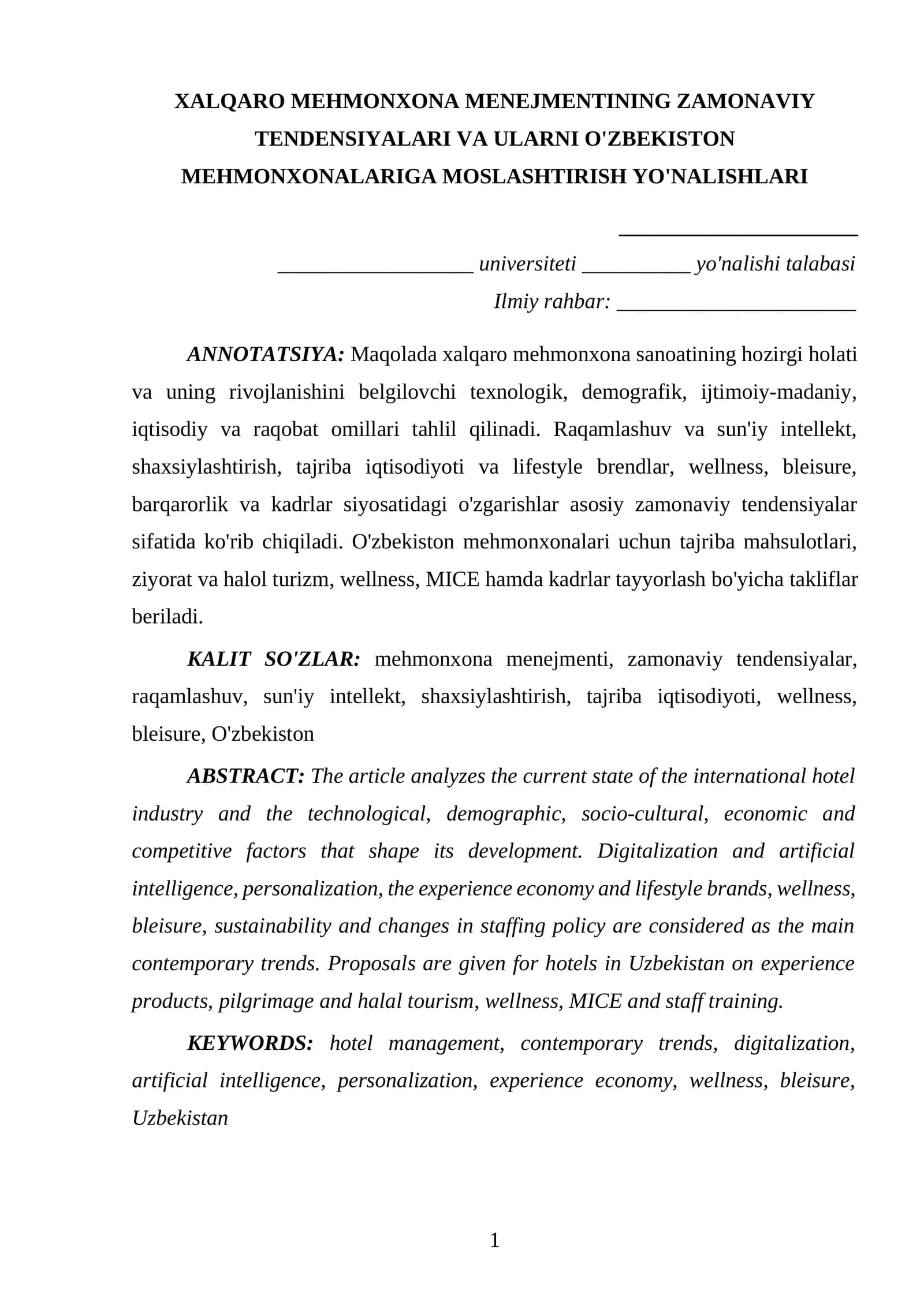 XALQARO MEHMONXONA MENEJMENTINING ZAMONAVIY TENDENSIYALARI VA ULARNI O'ZBEKISTON MEHMONXONALARIGA MOSLASHTIRISH YO'NALISHLARI