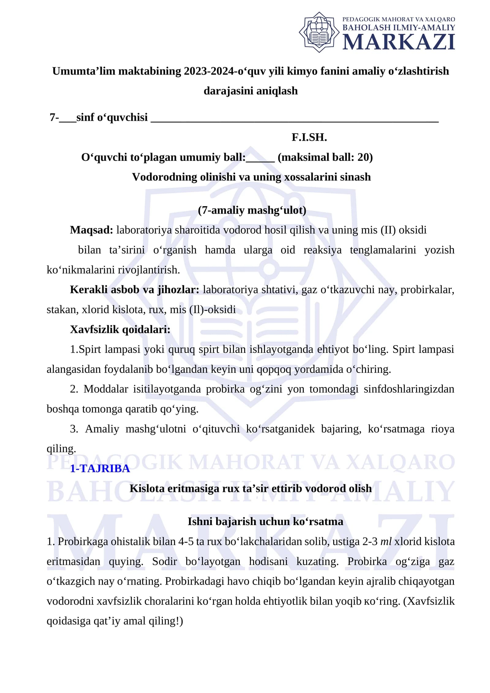 Vodorodning olinishi va uning xossalarini sinash