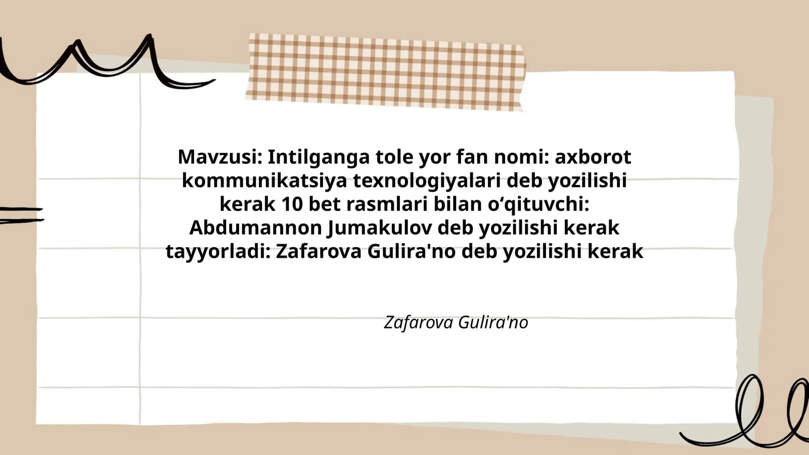 Intilganga tole yor fan nomi: axborot kommunikatsiya texnologiyalari