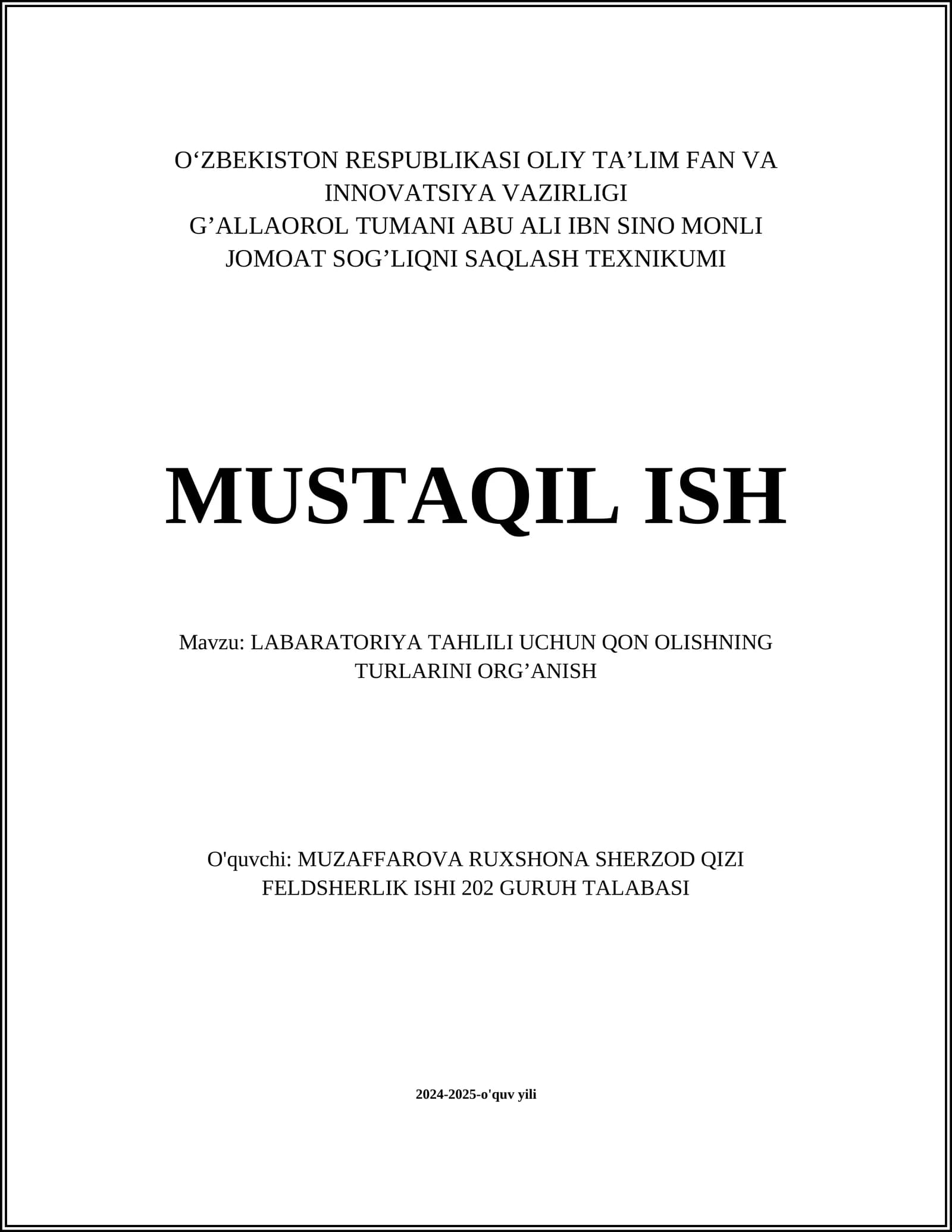 LABARATORIYA TAHLILI UCHUN QON OLISHNING TURLARINI ORG’ANISH