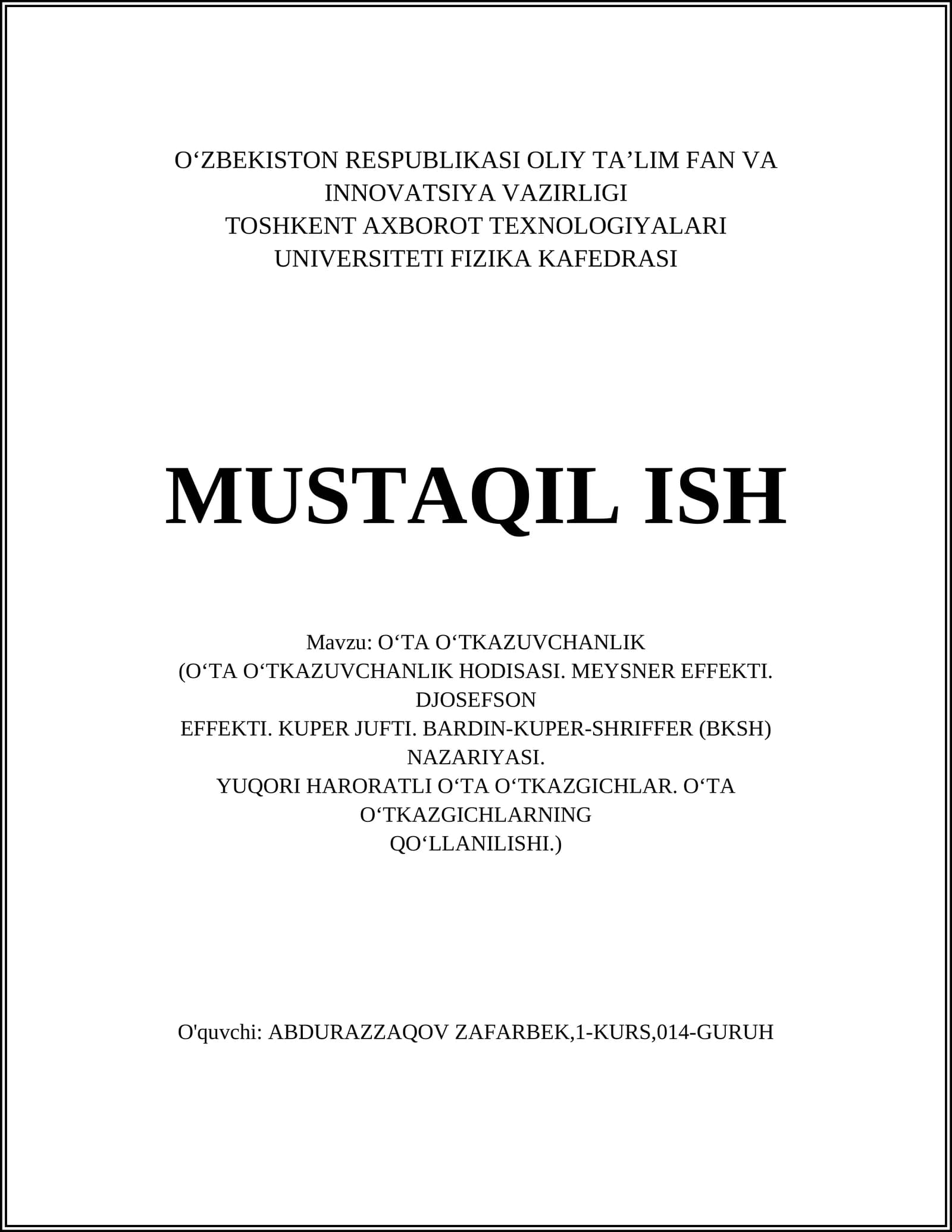 O‘ta o'tkazuvchanlik hodisasi