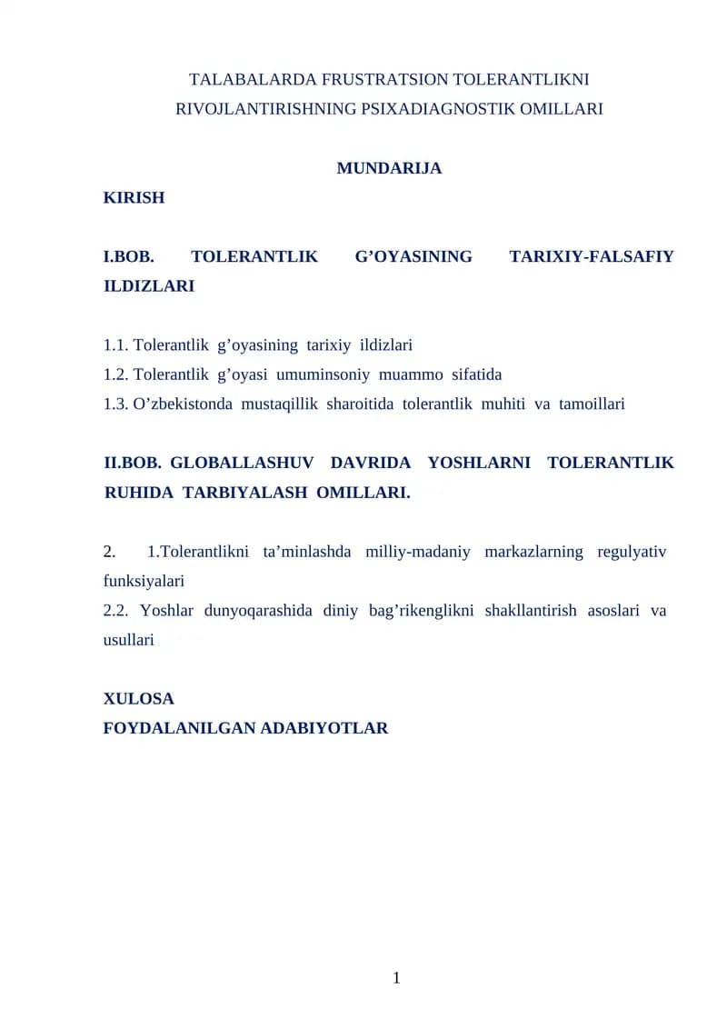 TALABALARDA FRUSTRATSION TOLERANTLIKNI RIVOJLANTIRISHNING PSIXADIAGNOSTIK OMILLARI