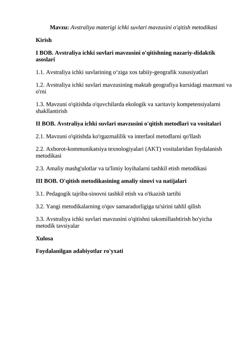 Avstraliya materigi ichki suvlari mavzusini o'qitish metodikasi