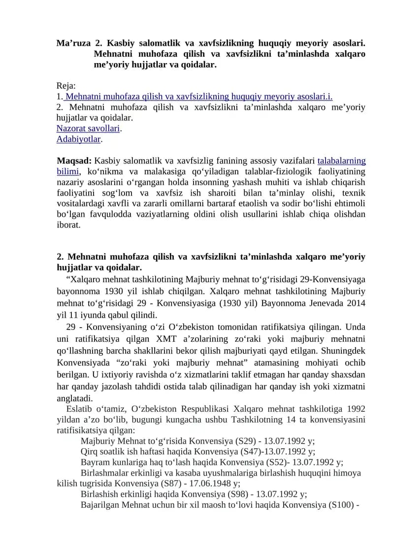 Kasbiy salomatlik va xavfsizlikning huquqiy meyoriy asoslari