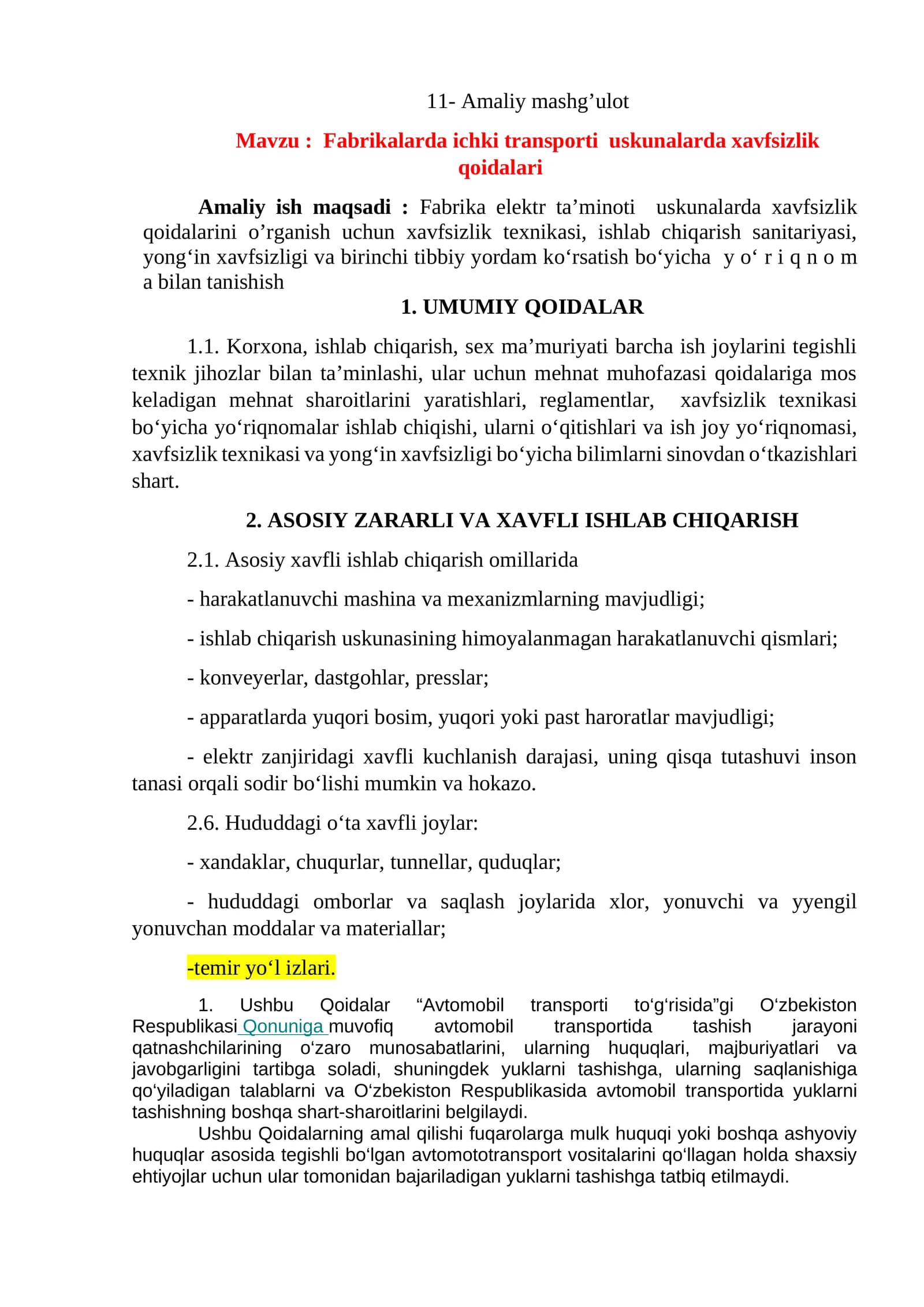 Fabrikalarda ichki transporti uskunalarda xavfsizlik qoidalari