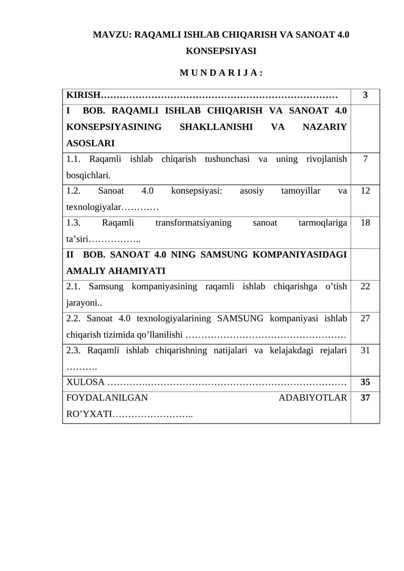 Raqamli ishlab chiqarish va sanoat 4.0 konsepsiyasi