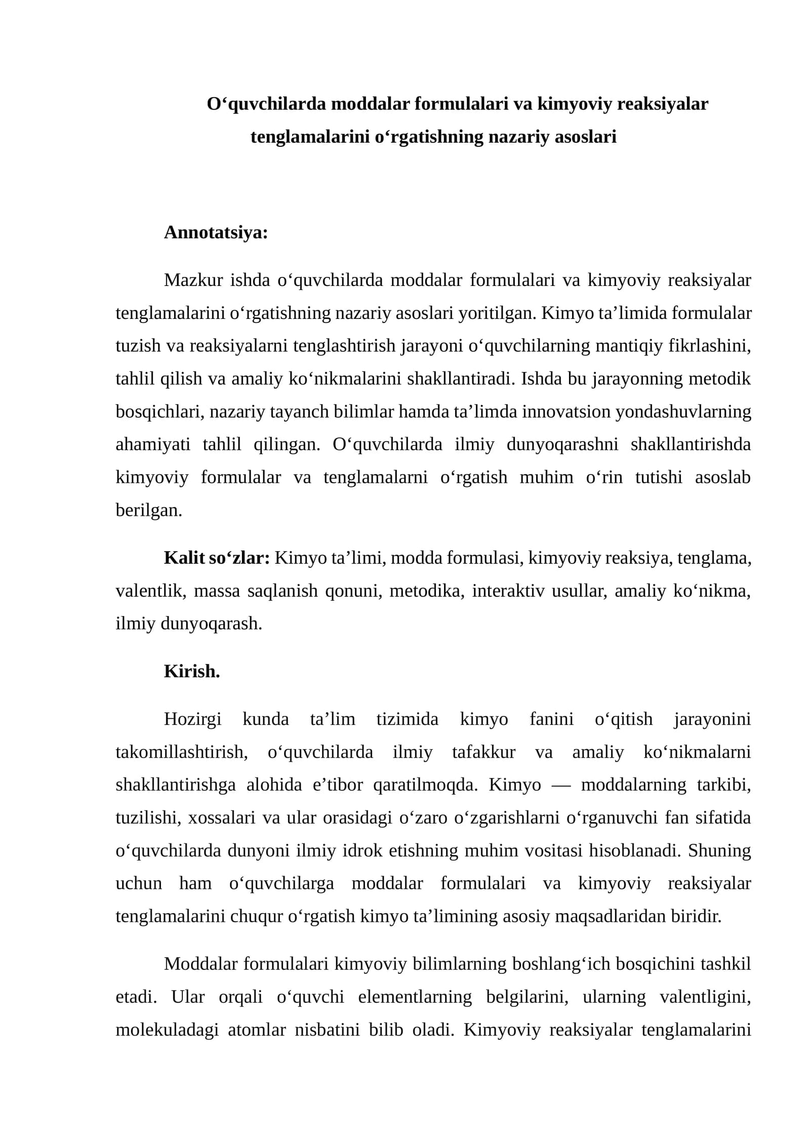 O‘quvchilarda moddalar formulalari va kimyoviy reaksiyalar tenglamalarini o‘rgatishning nazariy asoslari
