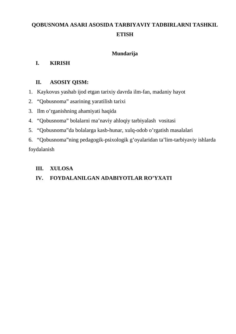 QOBUSNOMA ASARI ASOSIDA TARBIYAVIY TADBIRLARNI TASHKIL ETISH
