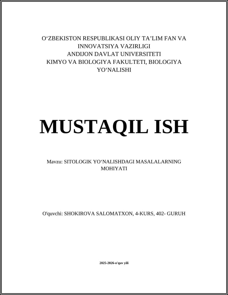 SITOLOGIK YO'NALISHDAGI MASALALARNING MOHIYATI