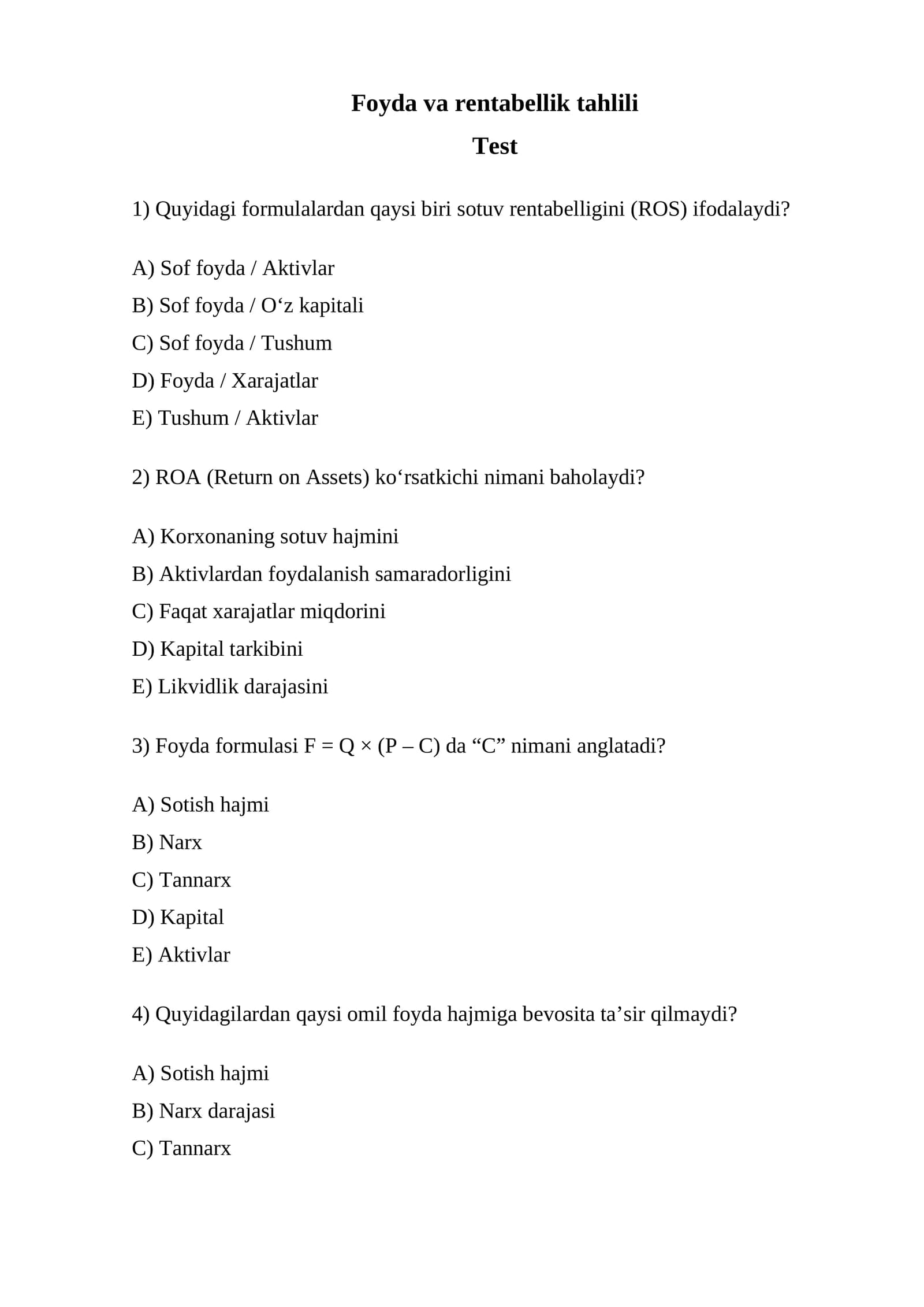 Foyda va rentabellik tahlili