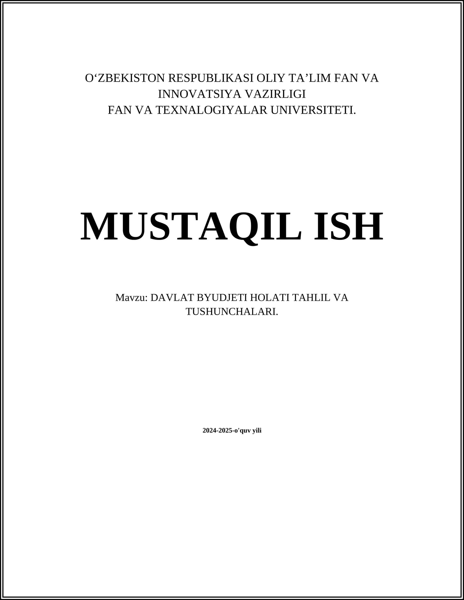 DAVLAT BYUDJETI HOLATI TAHLIL VA TUSHUNCHALARI
