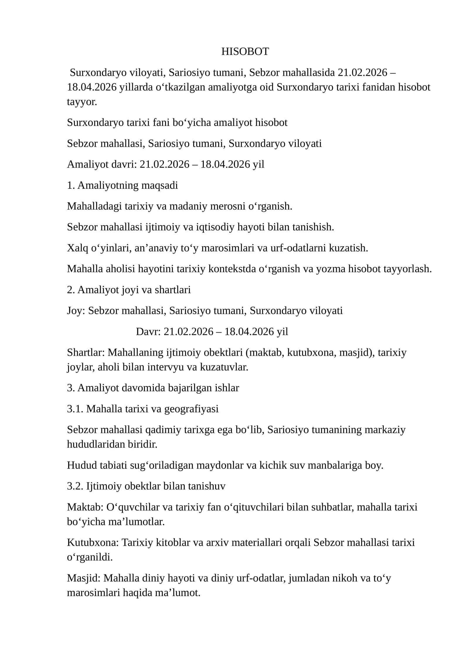 Surxondaryo tarixi fani bo‘yicha amaliyot hisobot