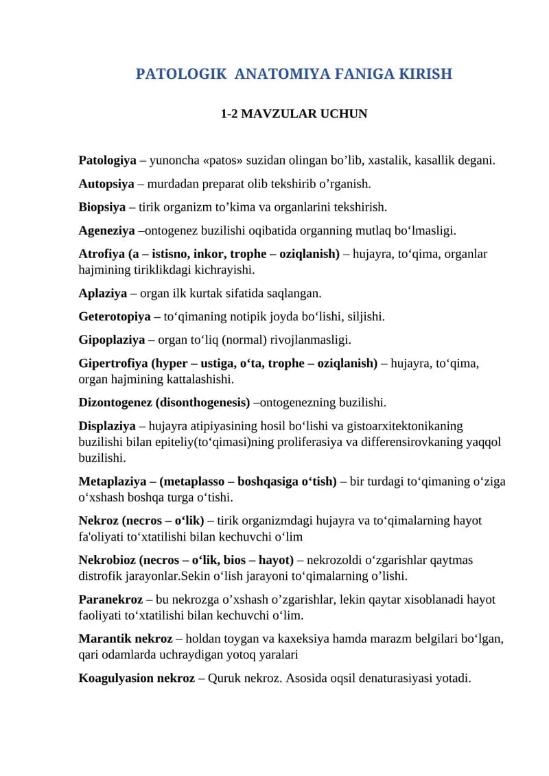 PATOLOGIK ANATOMIYA FANIGA KIRISH 1-2 MAVZULAR UCHUN